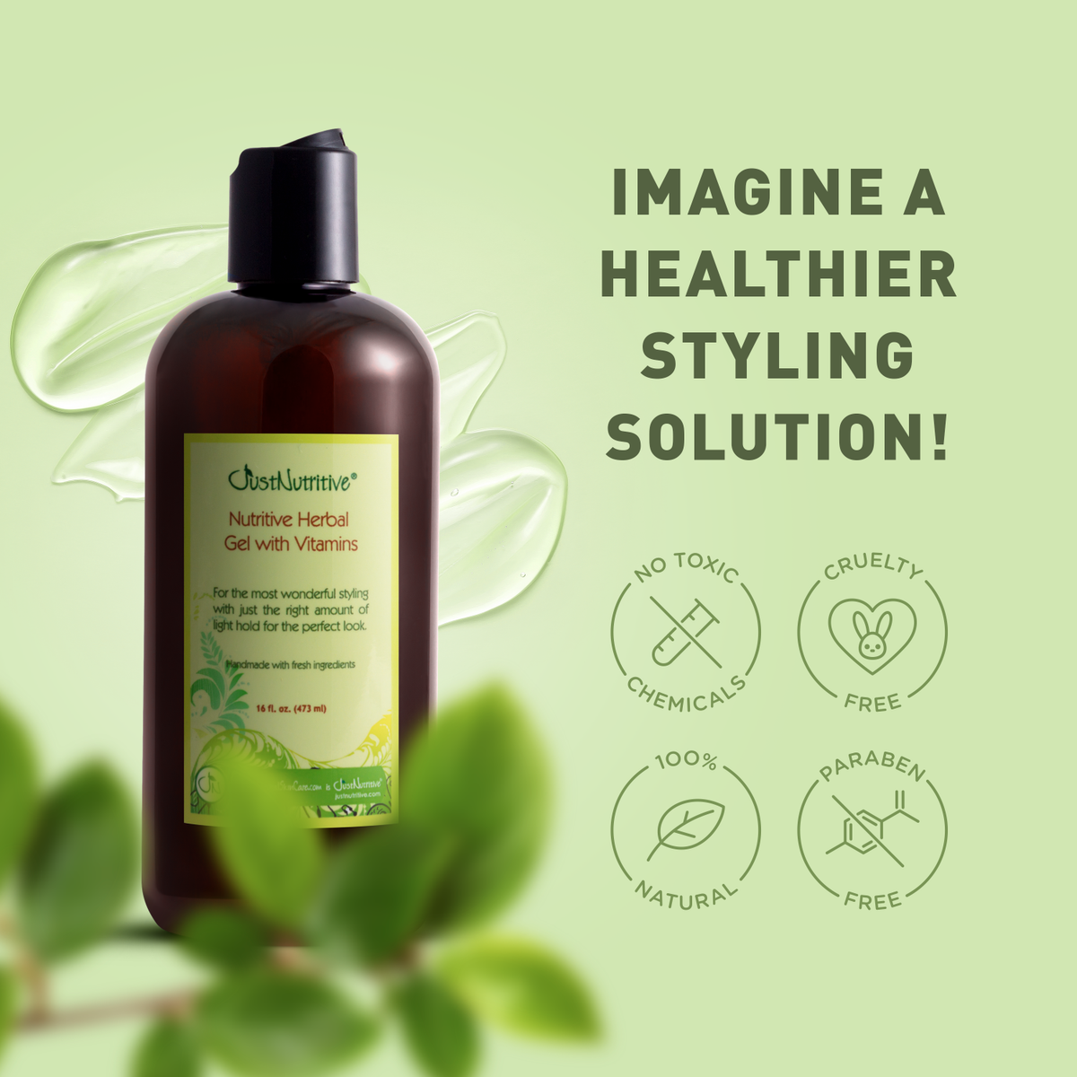 Bottle of Nutritive Herbal Gel with Vitamins on a green background with text and icons.