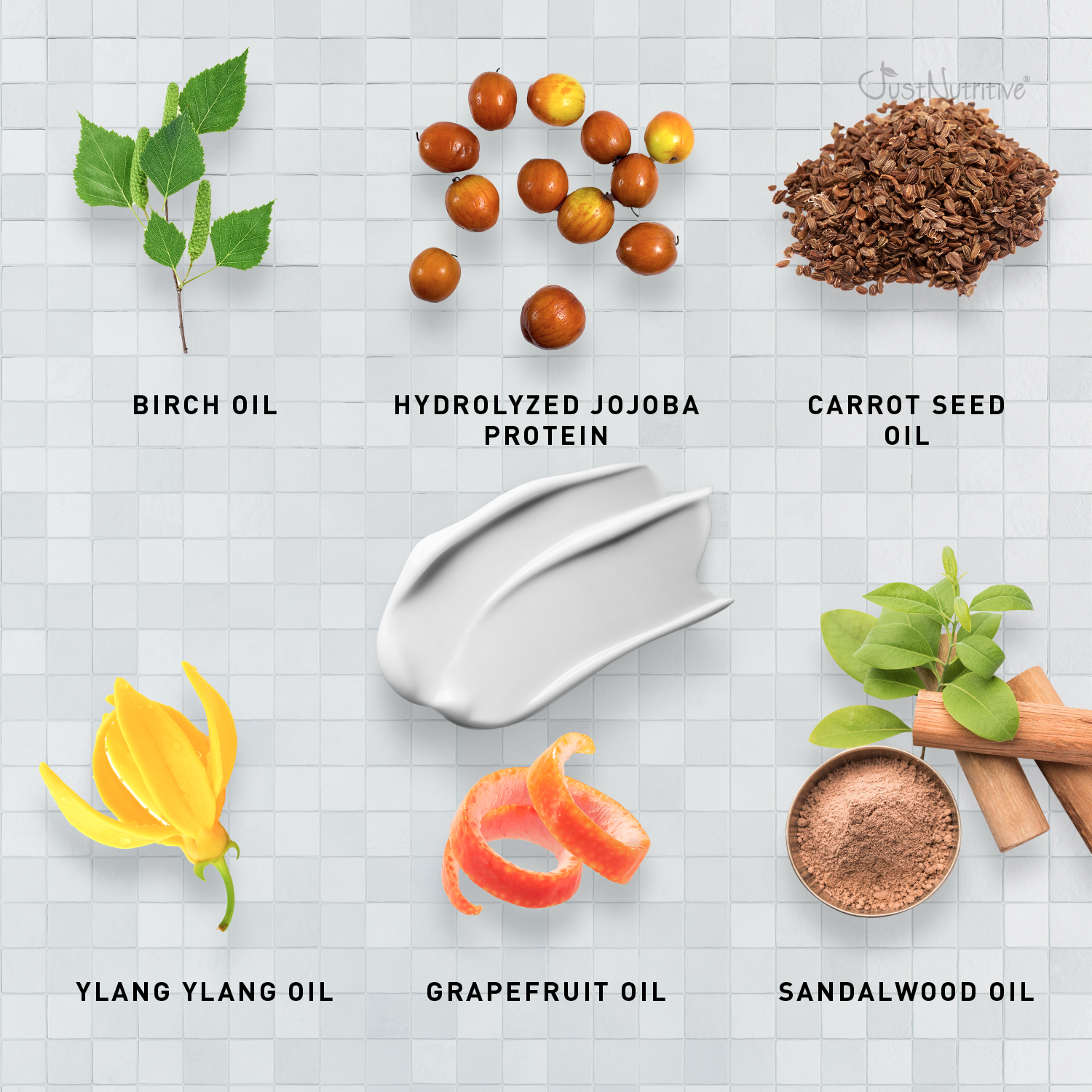 Collection of natural ingredients including birch oil, hydrolyzed jojoba protein, carrot seed oil, ylang ylang oil, grapefruit oil, and sandalwood oil on a textured surface.