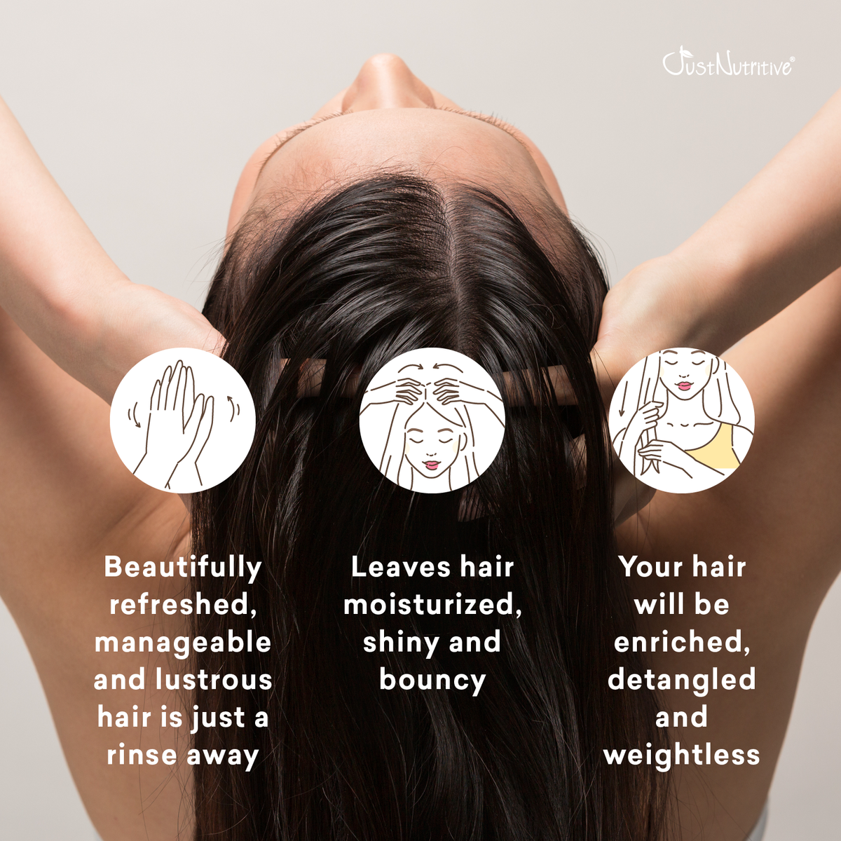 Person with long hair, showing hair care benefits on a plain background