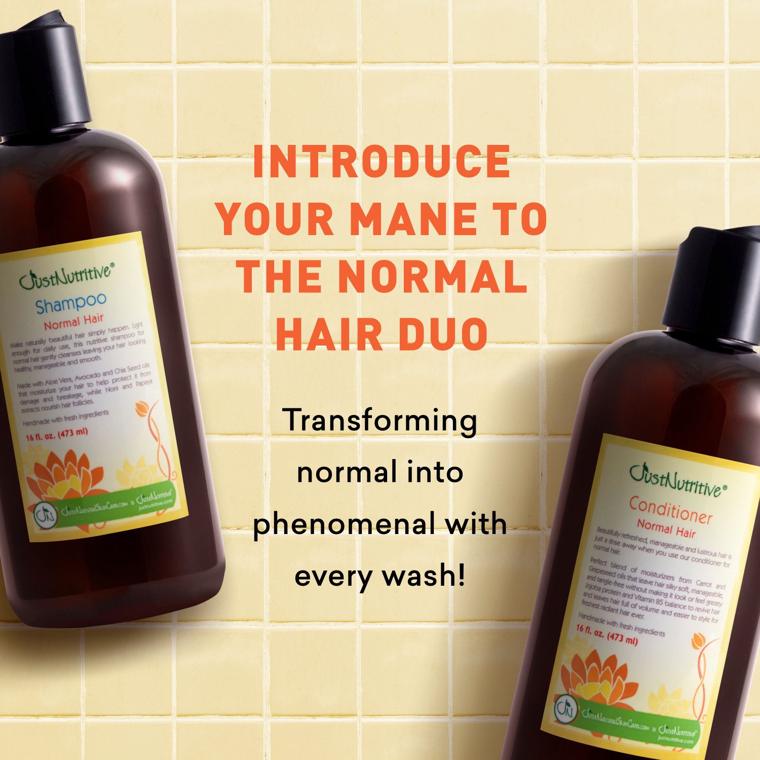 Shampoo and conditioner bottles with text on a tiled background