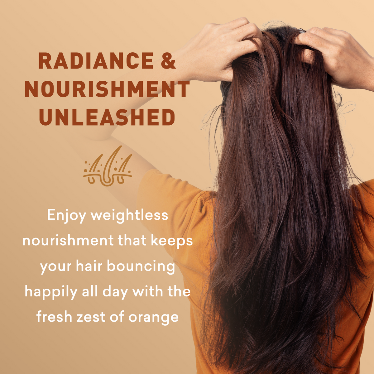 Person with long hair against a beige background with text about hair care and nourishment.