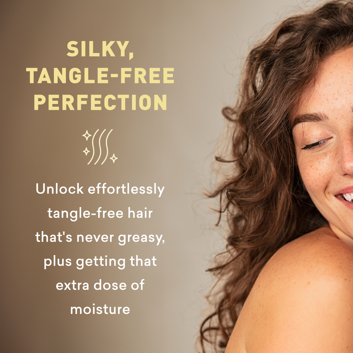Woman with styled hair on a beige background with text about silky, tangle-free perfection.