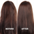 Before and after comparison of hair treatment on a person with long brown hair.