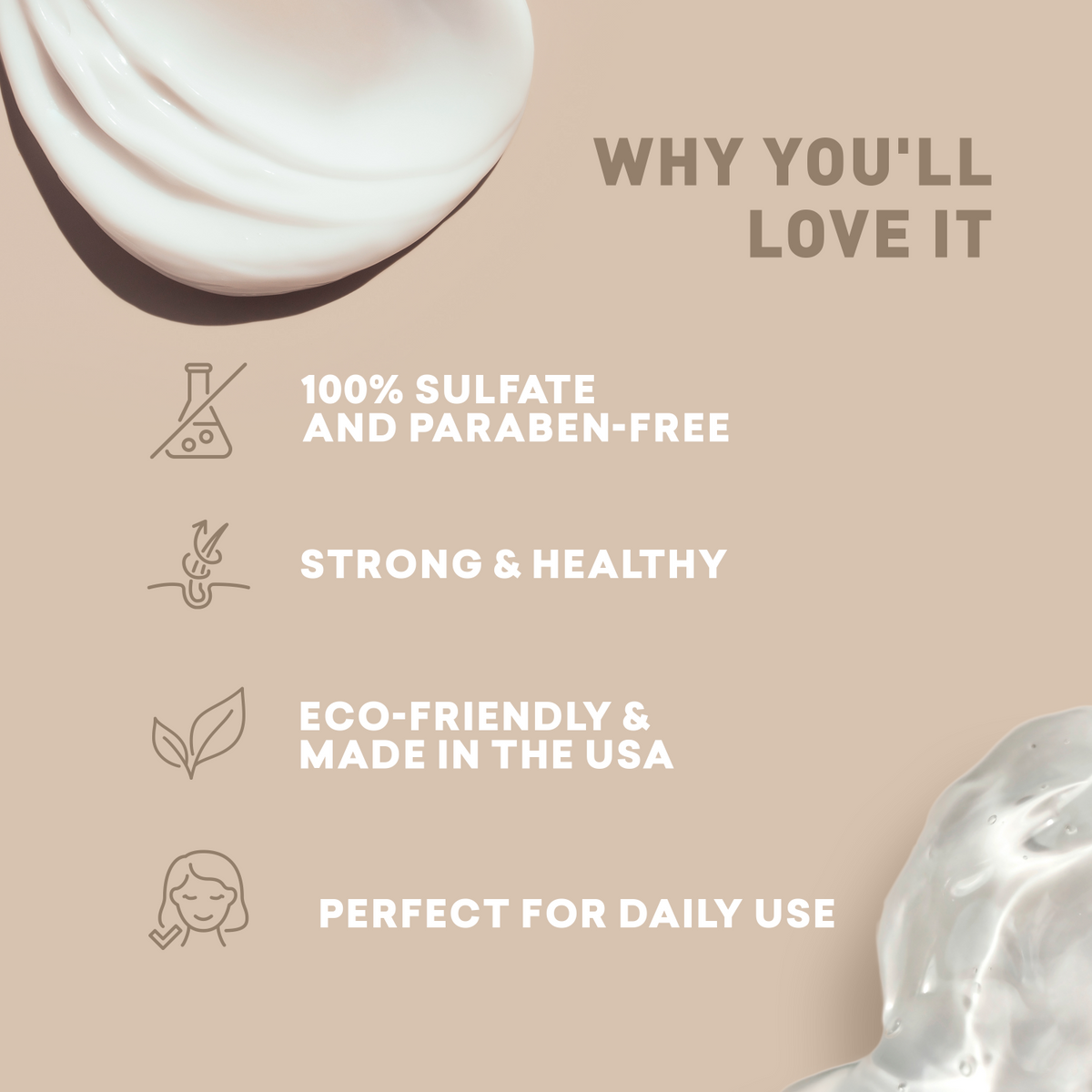 Product packaging with text highlighting features on a beige background