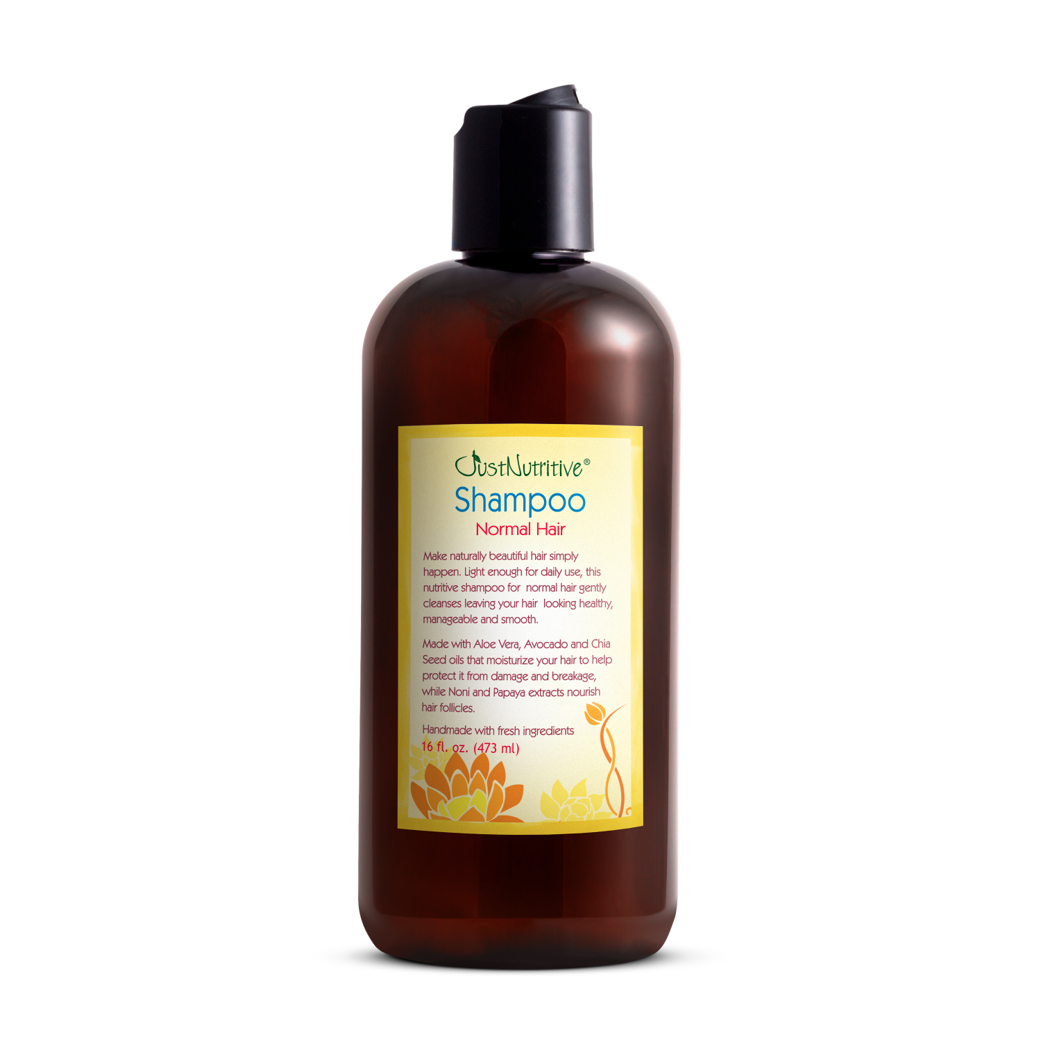 Brown shampoo bottle with a label on a white background
