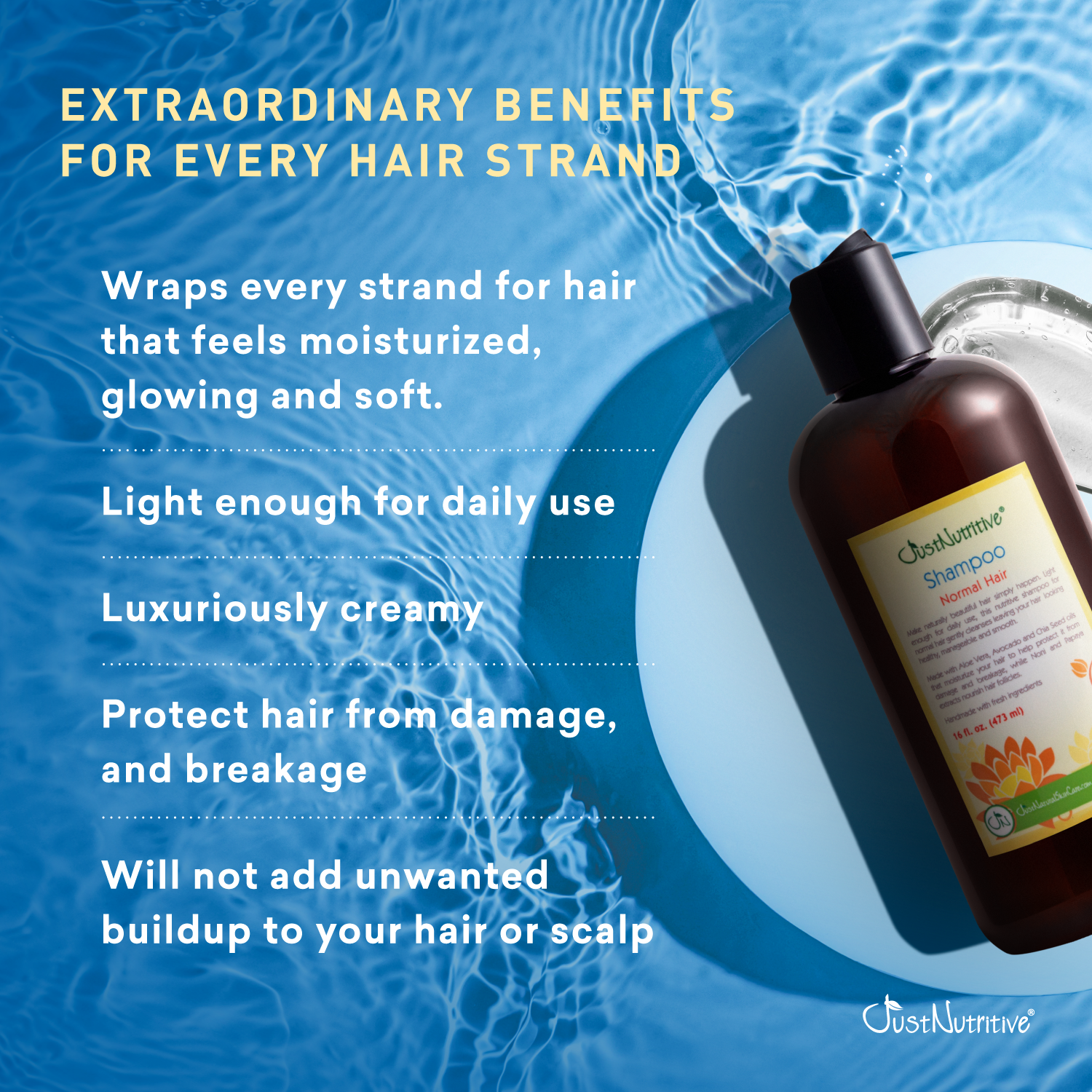 Cosmetic bottle with shampoo labeled on a blue water background, featuring text about product benefits.