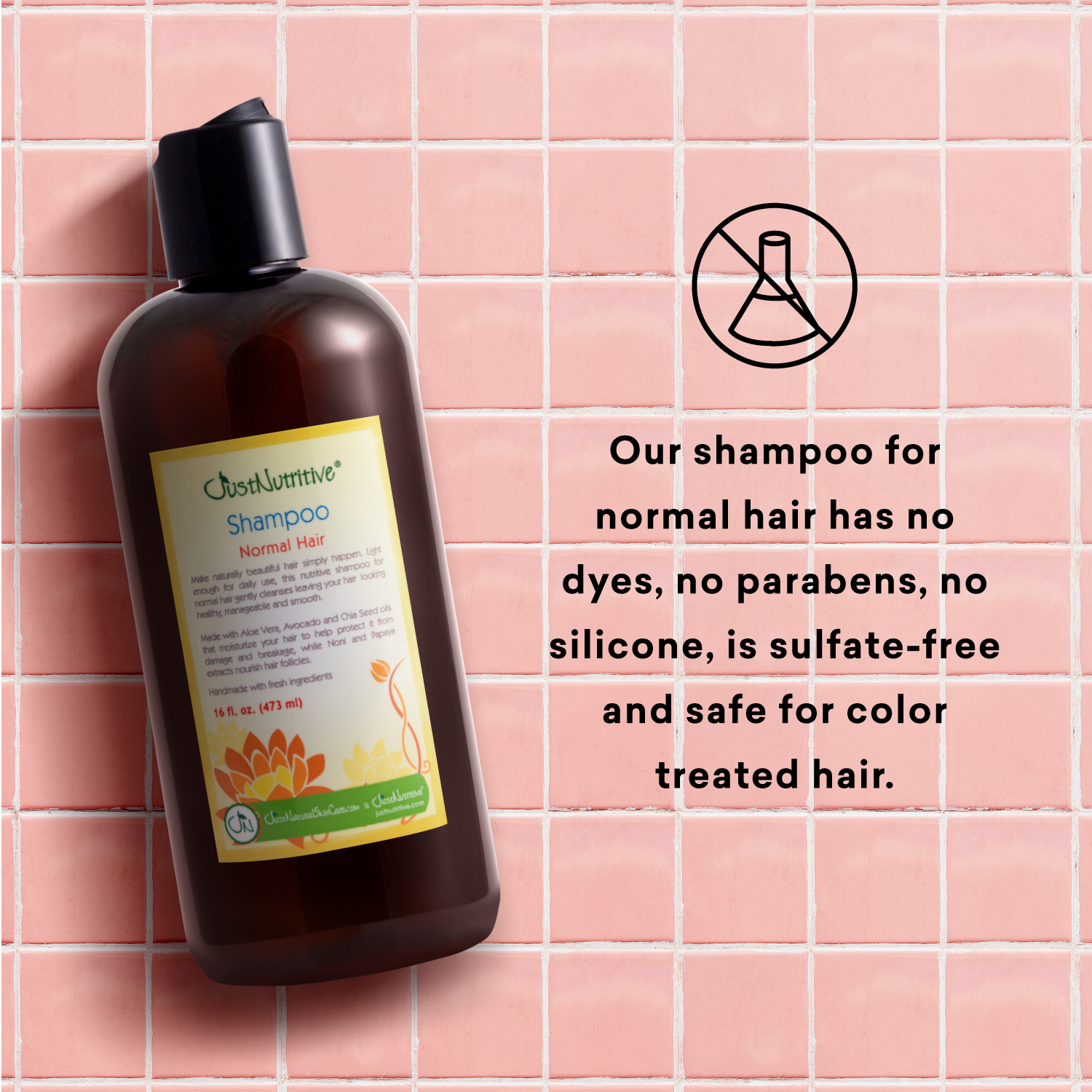 Shampoo bottle with label on a pink tiled background