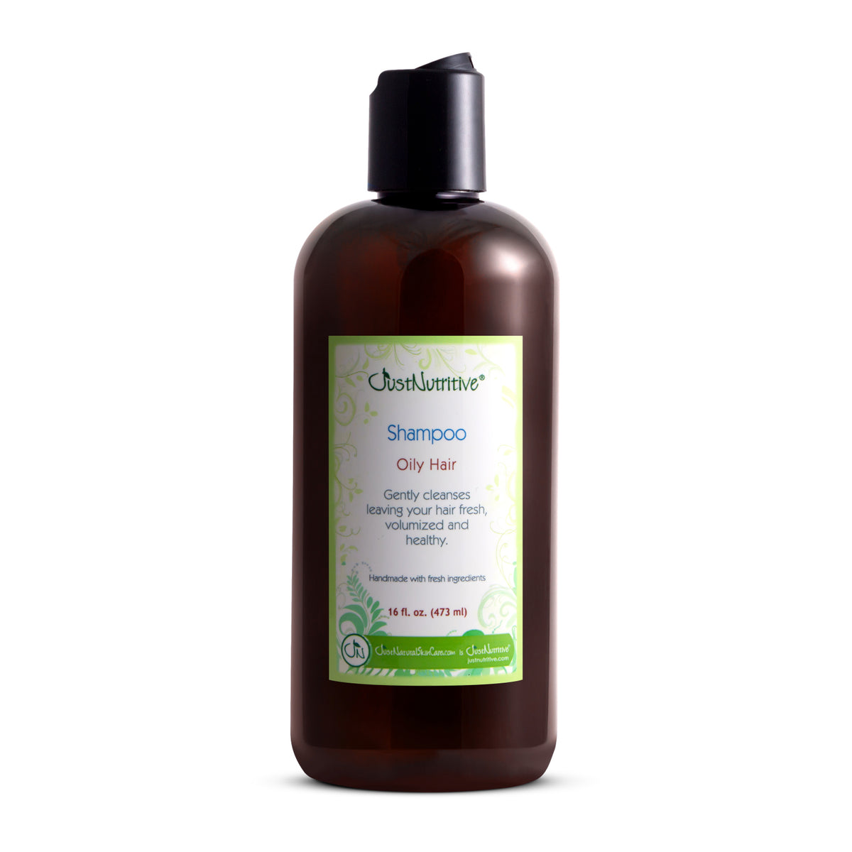 Brown shampoo bottle with a label on a white background