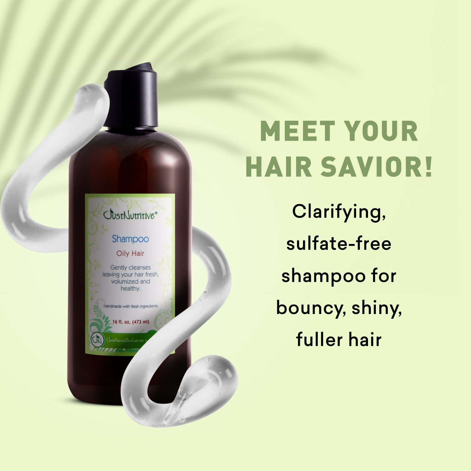 Bottle of Just Nutritive shampoo with text on a light green background