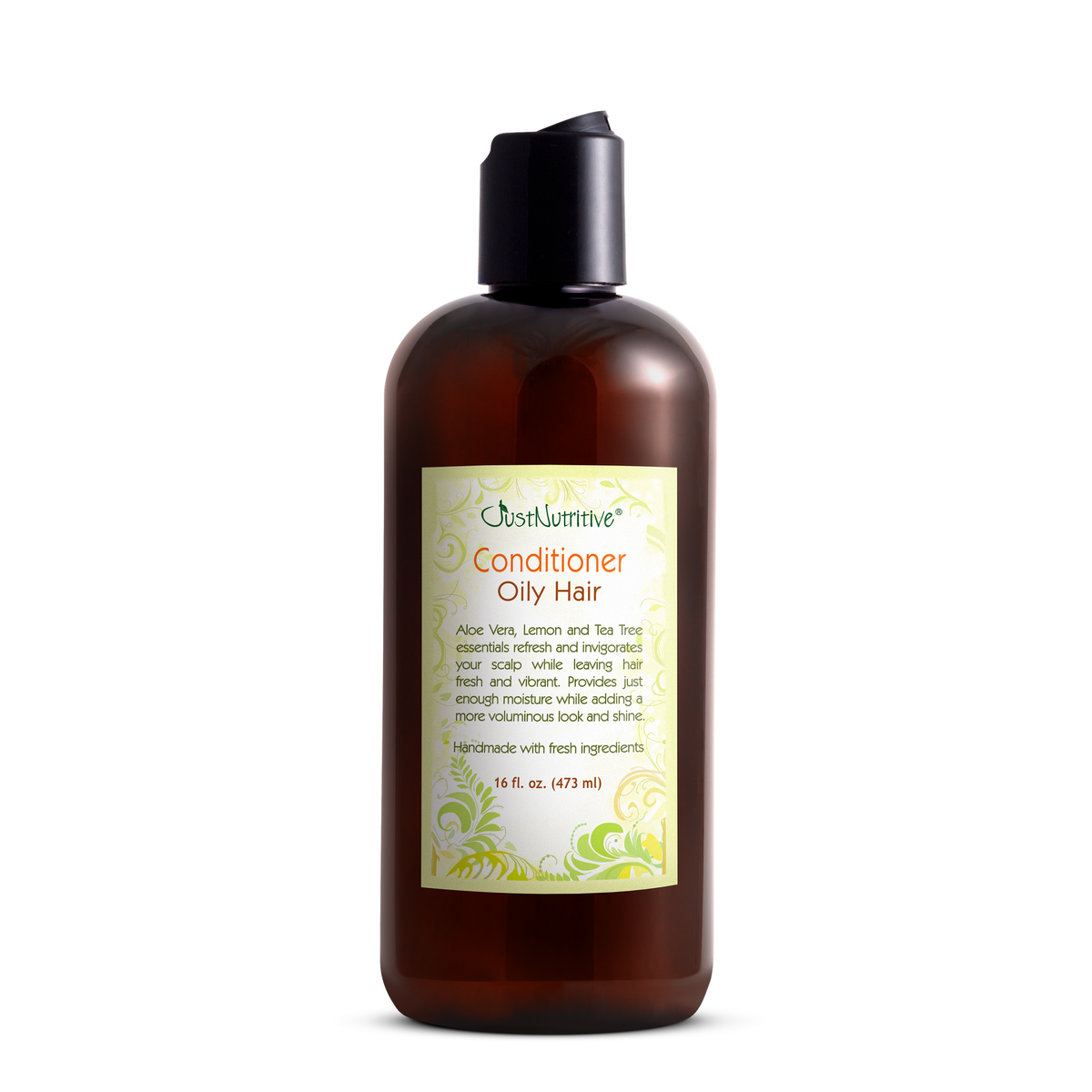 Brown bottle of conditioner for oily hair with a label on a white background