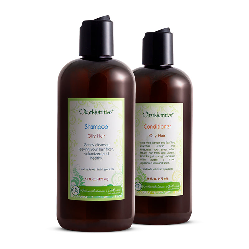 Two brown bottles of OshKoshnive shampoo and conditioner for oily hair on a white background.