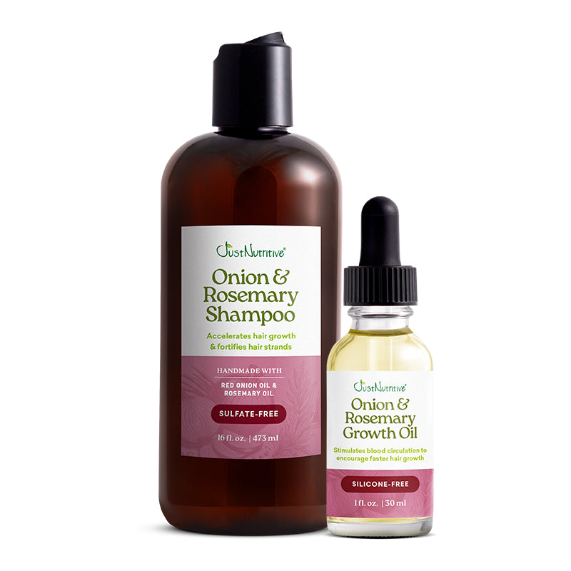 Onion & Rosemary Shampoo and Growth Oil bottles on a white background
