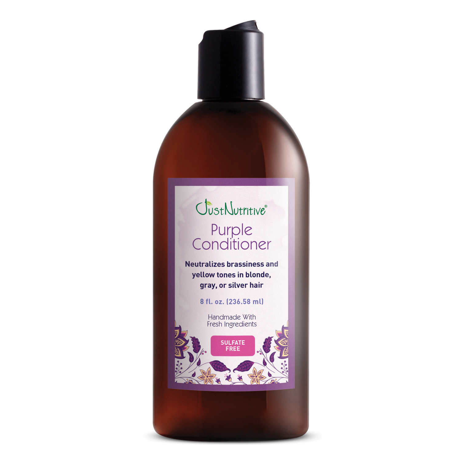 Purple conditioner bottle with label on a white background