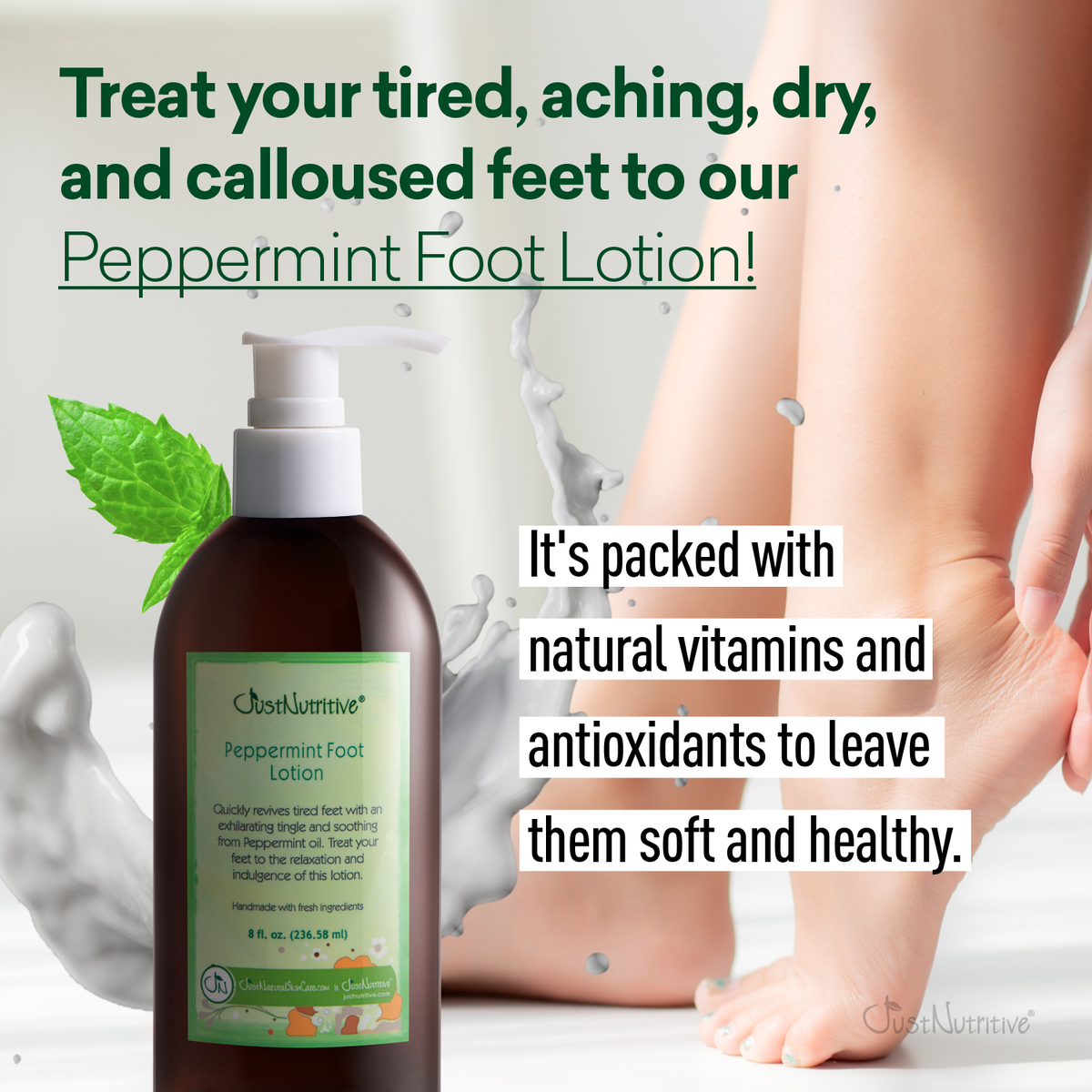 Peppermint foot lotion bottle with text on a blurred background