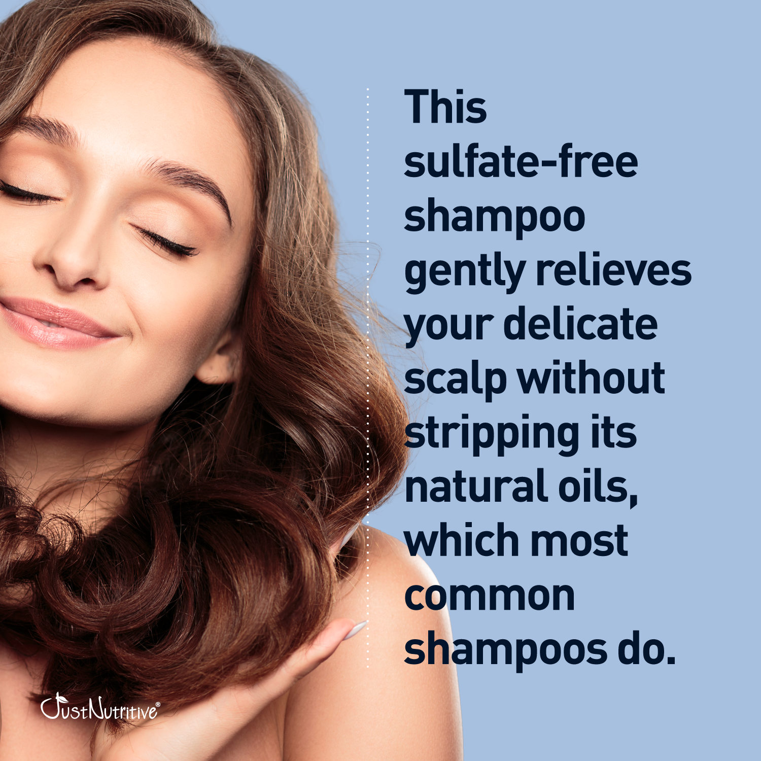 Woman with wavy hair against a blue background with text about sulfate-free shampoo.