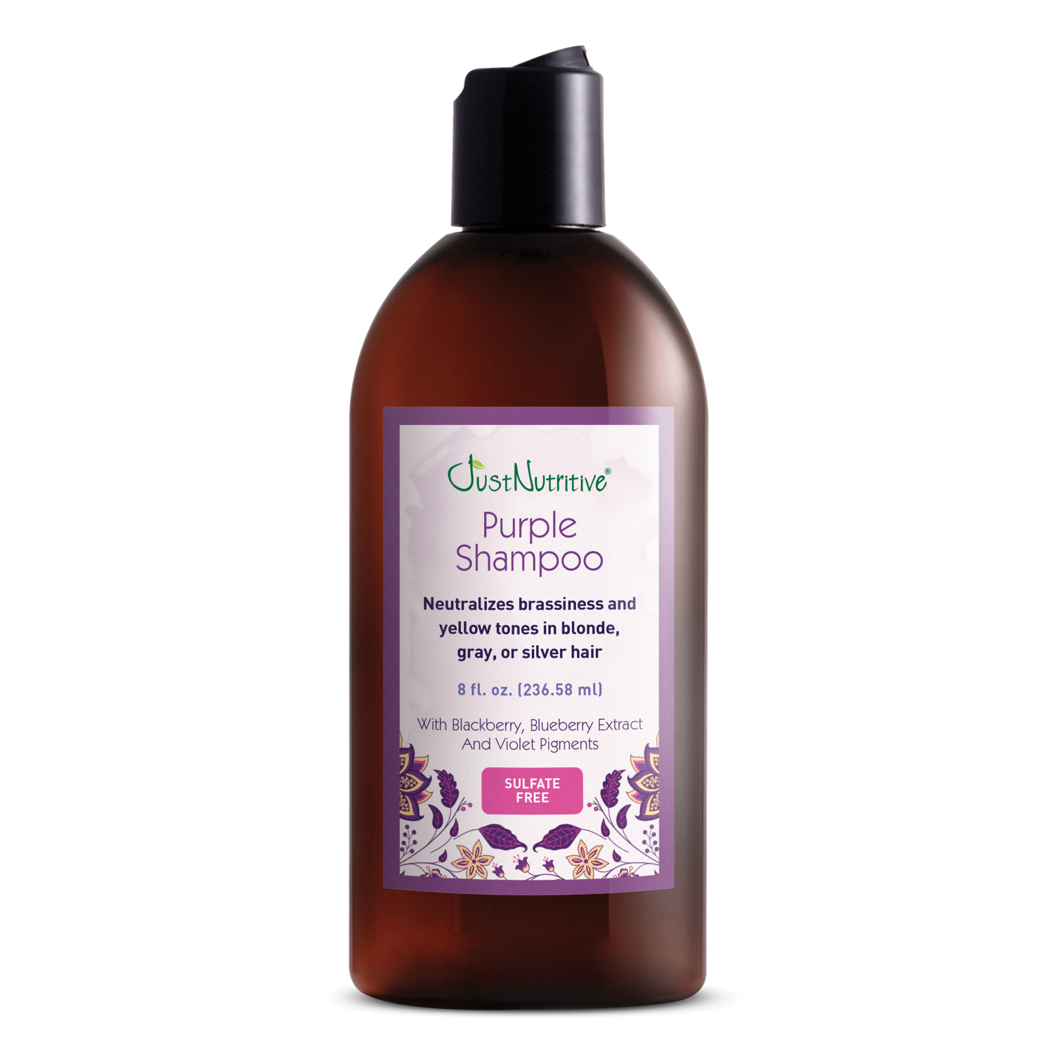 Purple shampoo bottle with label on a white background