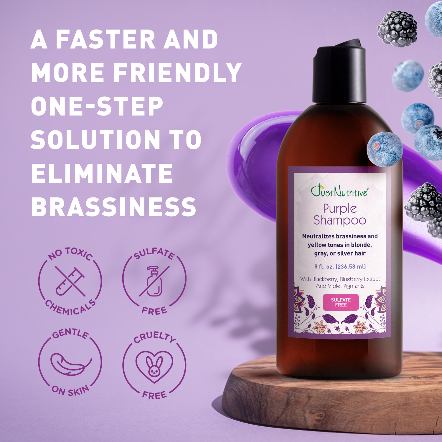 Purple shampoo bottle with label on a wooden stand against a purple background with text about brassiness elimination.