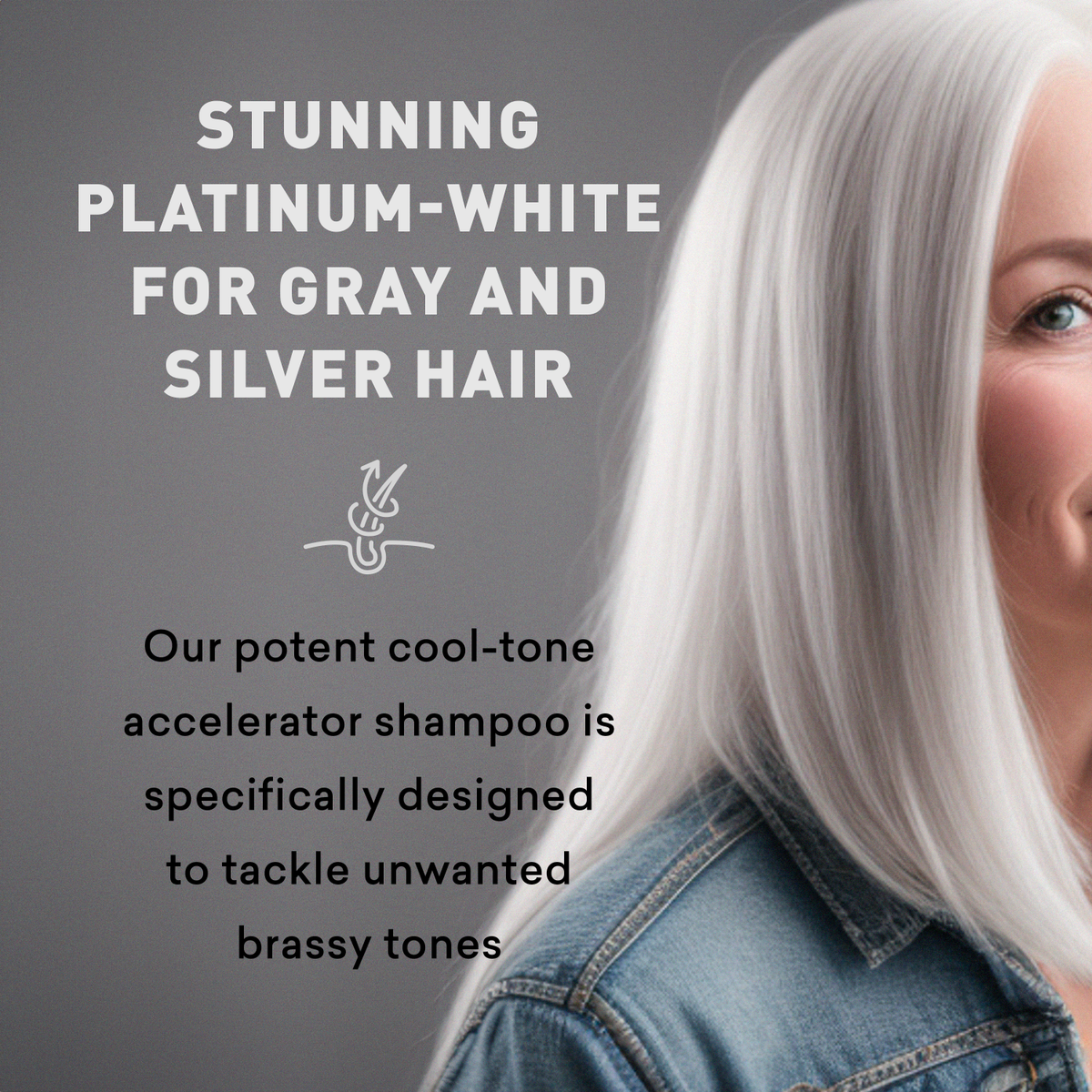 Person with platinum-white hair wearing a denim jacket, with text about a potent cool-tone accelerator shampoo.