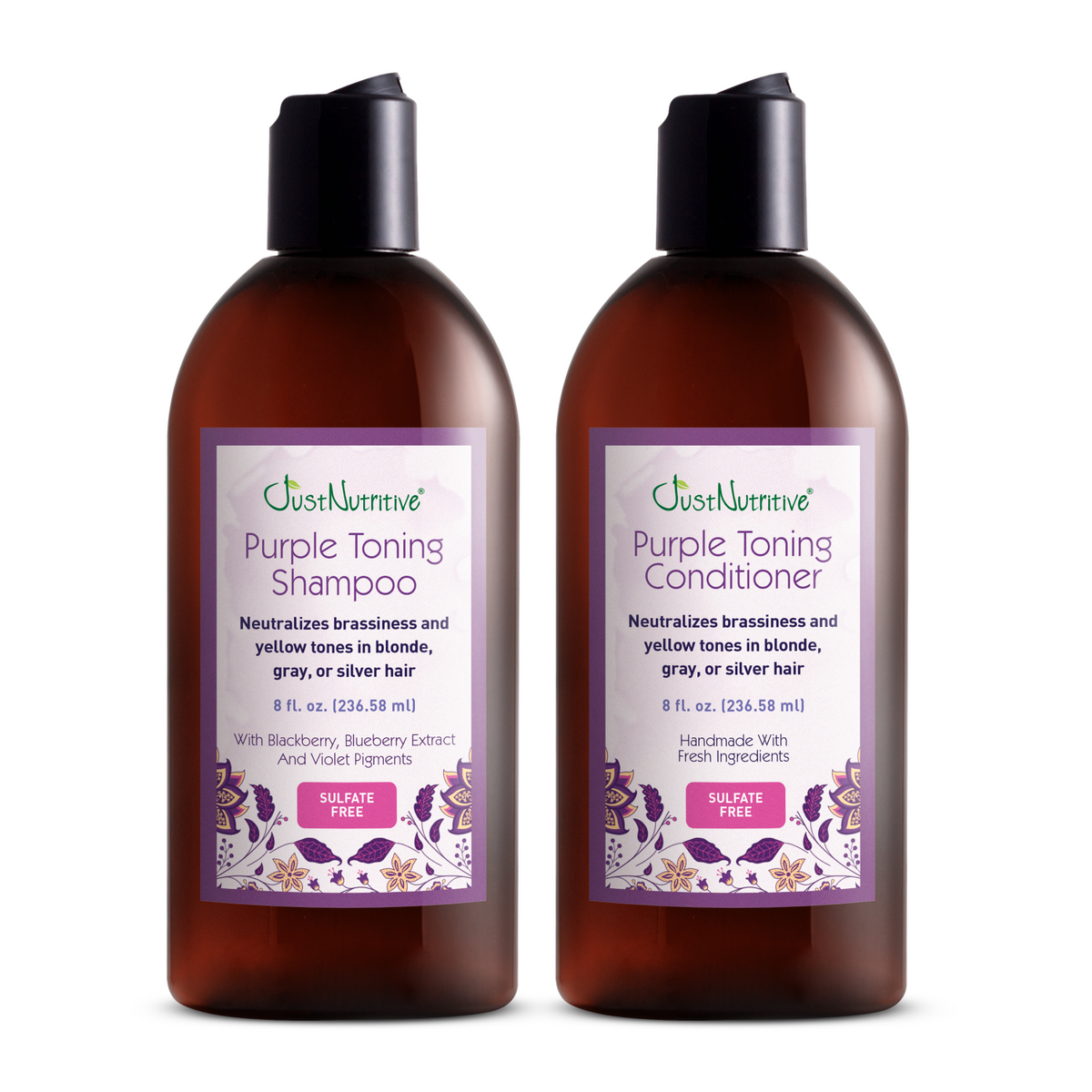 Two bottles of OustNurture Purple Toning Shampoo and Conditioner on a white background