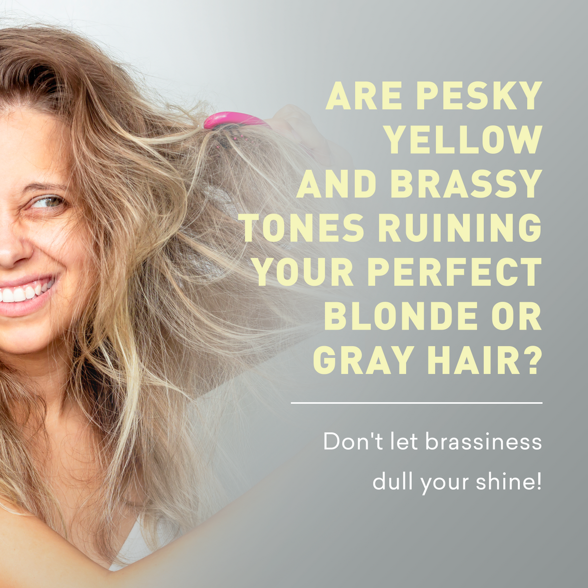 Woman with blonde hair against a gray background with text about hair color issues.