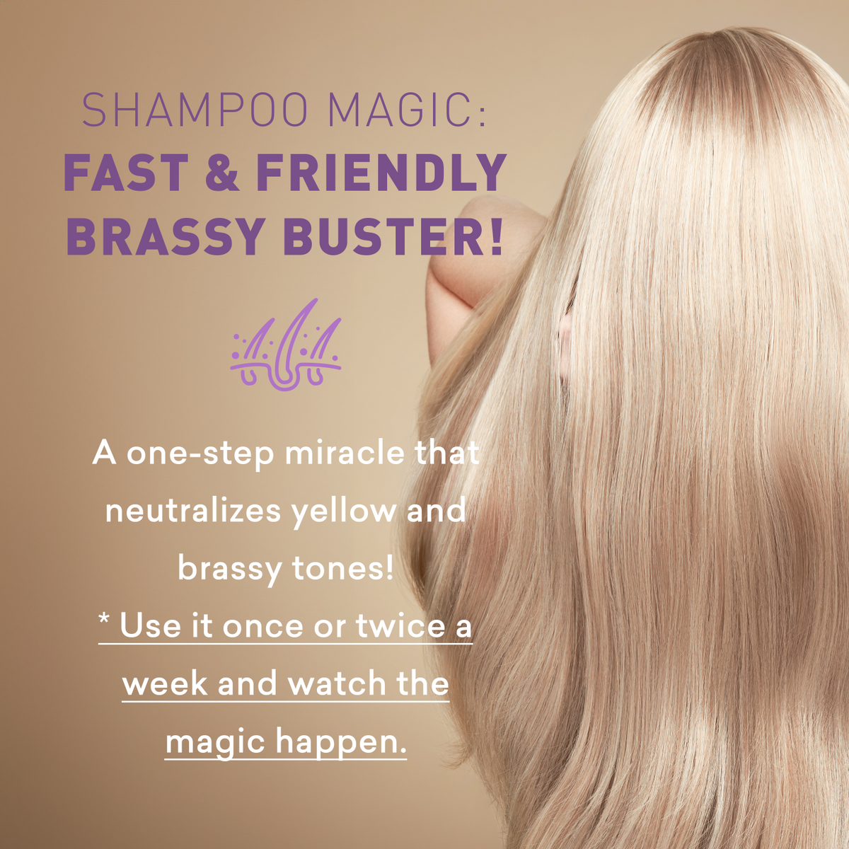 Promotional image for a shampoo product targeting brassy hair with text and a person with blonde hair.