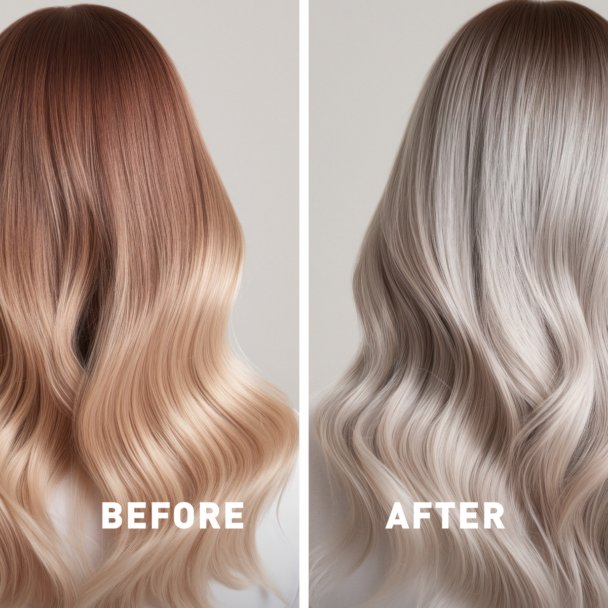 Before and after hair color transformation with wavy hair on a neutral background