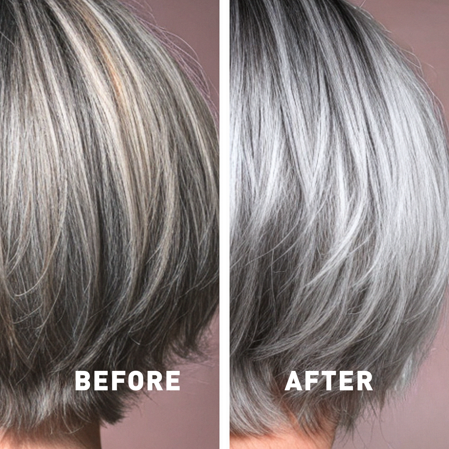 Before and after comparison of gray hair color treatment on a person.