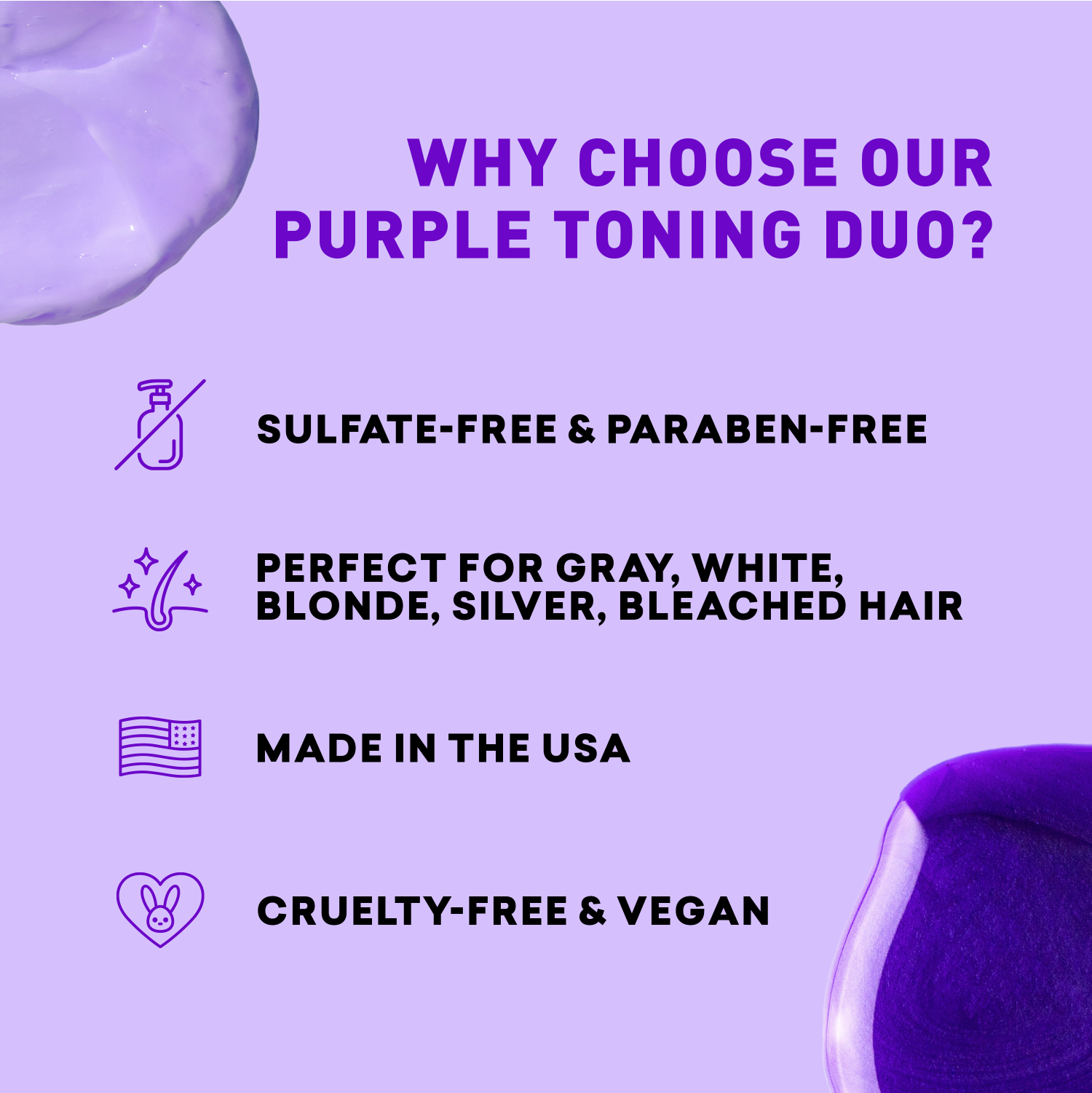 Promotional graphic for a purple toning duo with benefits listed on a purple background.
