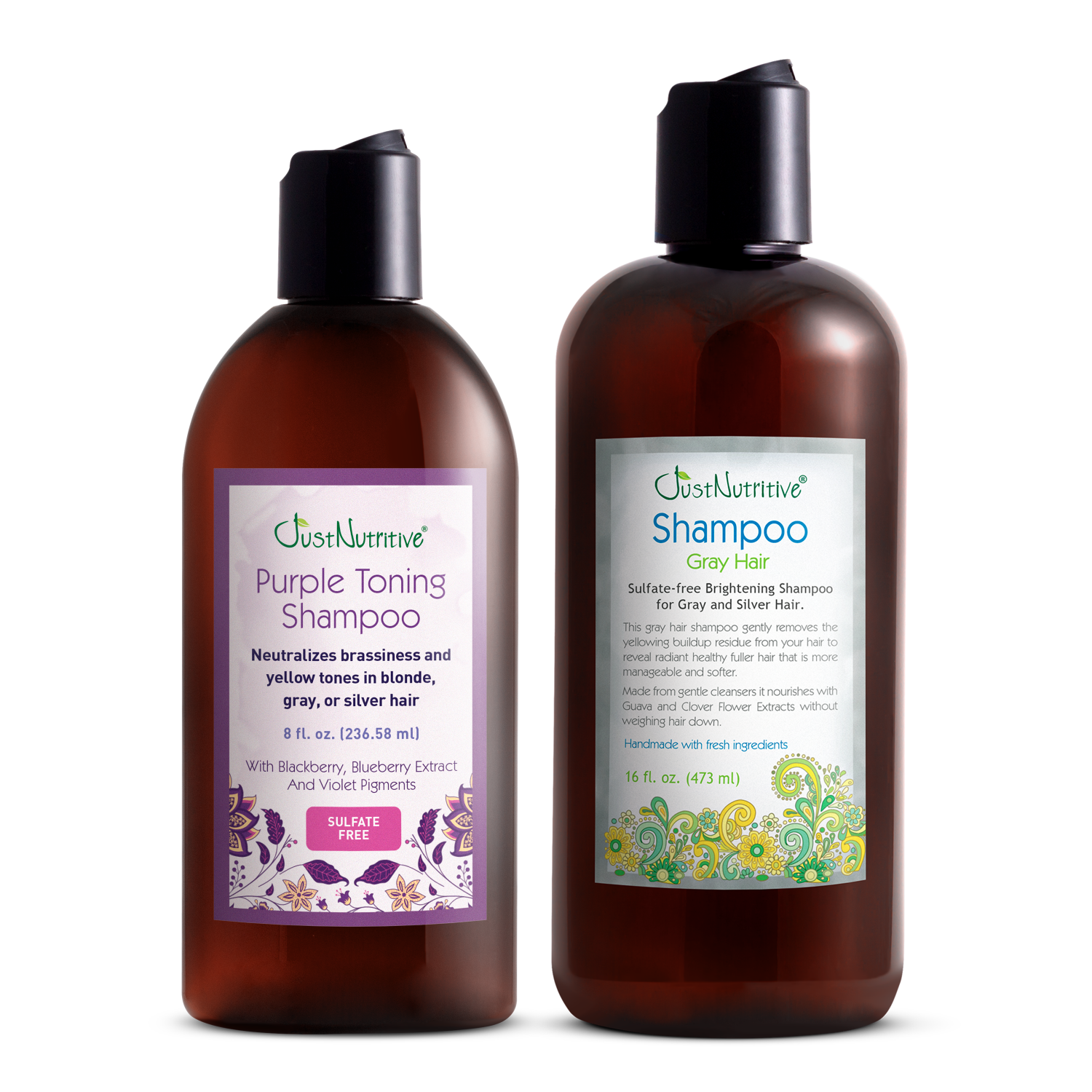 Two bottles of Just Nutritive shampoo on a white background