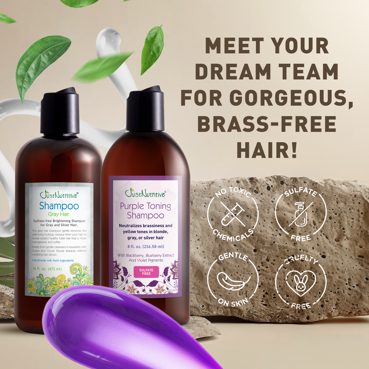 Two bottles of hair care products with a purple product sample and text about brass-free hair.