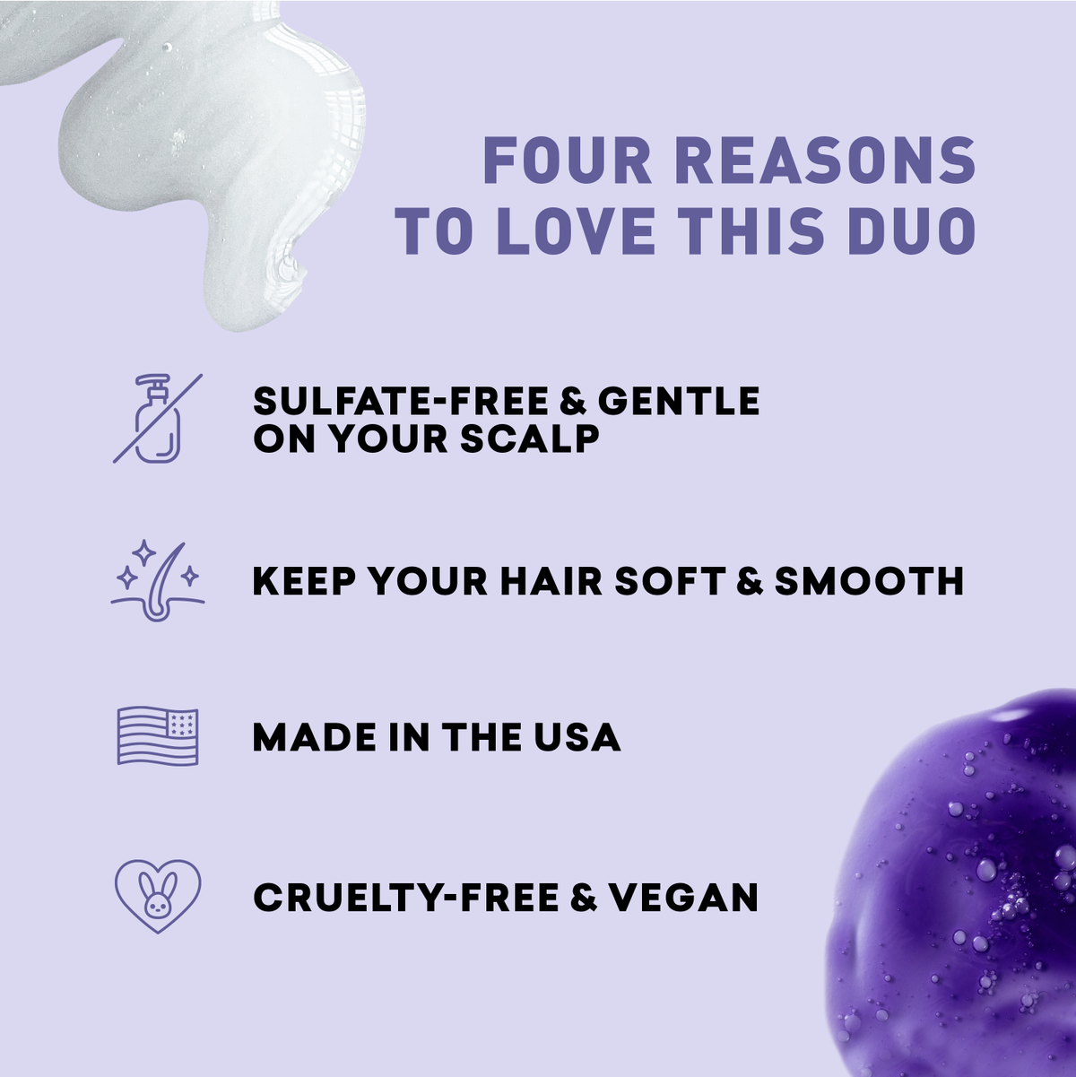 Promotional graphic for a hair care product duo with text on reasons to love it, including sulfate-free, gentle on scalp, soft and smooth hair, made in the USA, and cruelty-free and vegan.