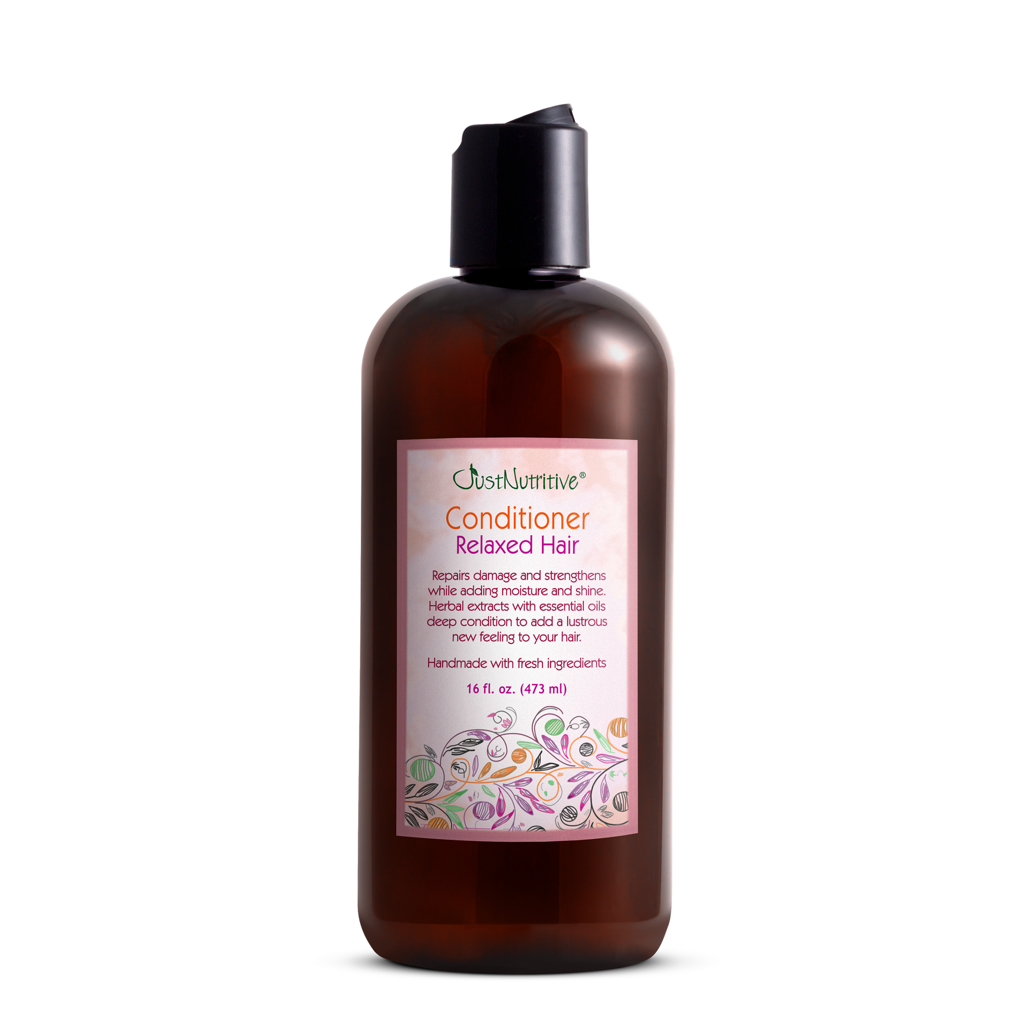 Brown bottle of conditioner with a label on a white background