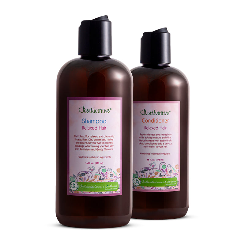 Two bottles of Clam & Humane Shampoo and Conditioner for Relaxed Hair on a white background