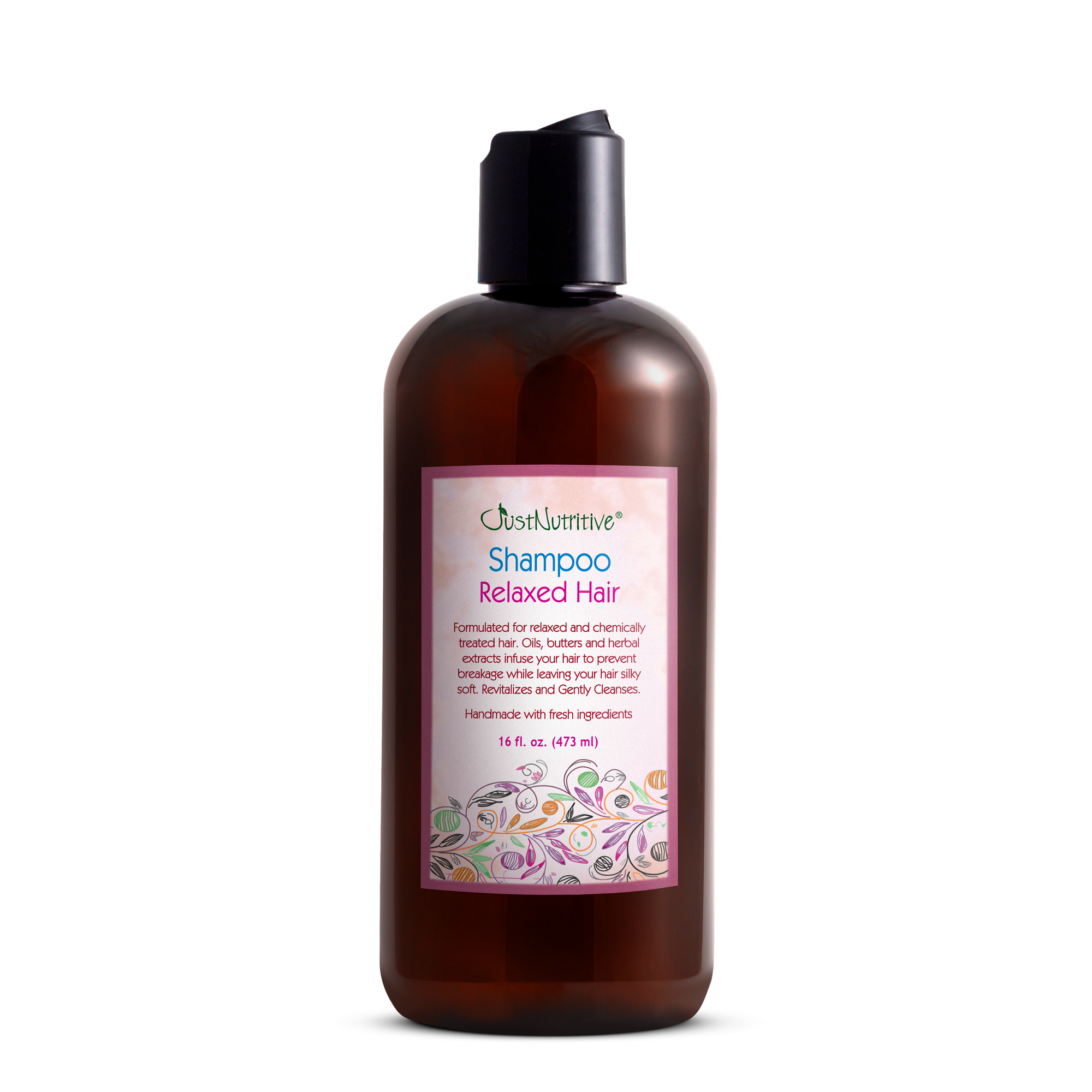 Brown shampoo bottle with a label on a white background