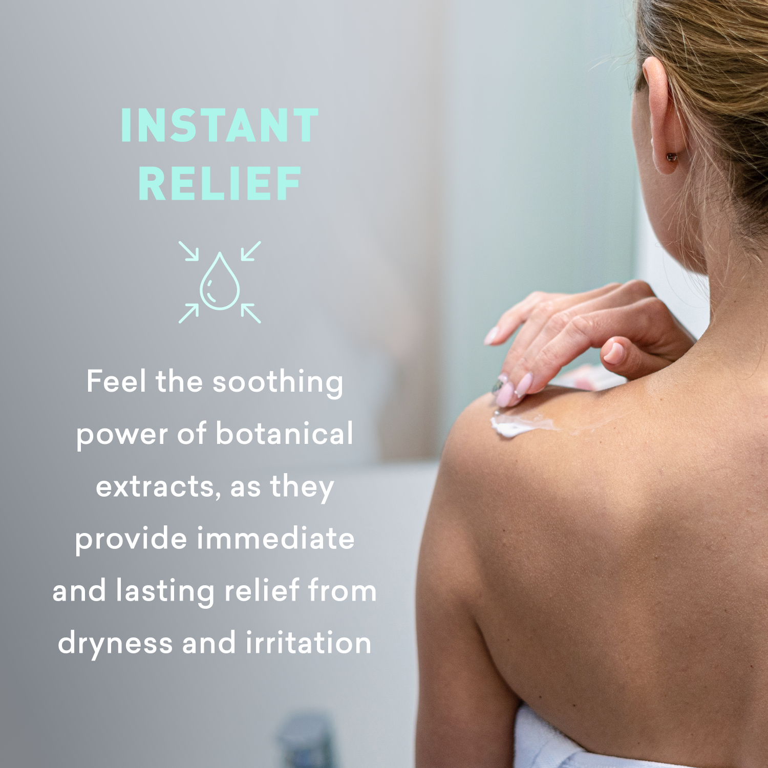 Woman applying cream to her shoulder with text about botanical extracts providing relief