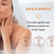 Woman touching her skin with a text overlay about the product being safe, gentle, and effective for all skin types.