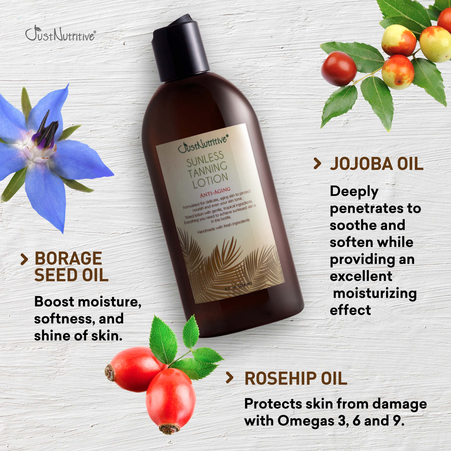 Sunless tanning lotion bottle with ingredients like jojoba oil, borage seed oil, and rosehip oil on a white background.