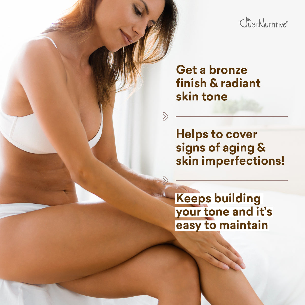 Woman applying the sunless anti-aging with text about skin care benefits on a white background