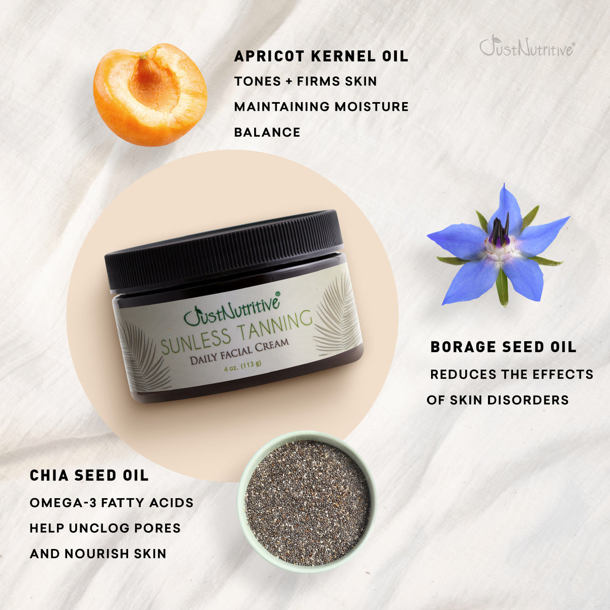 Sunless tanning daily facial cream with ingredients displayed on a white background