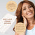 Woman with a product and text about its safety and benefits on a light gray background