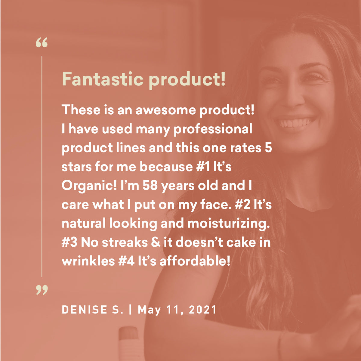 Woman smiling with a testimonial about a product on a red background