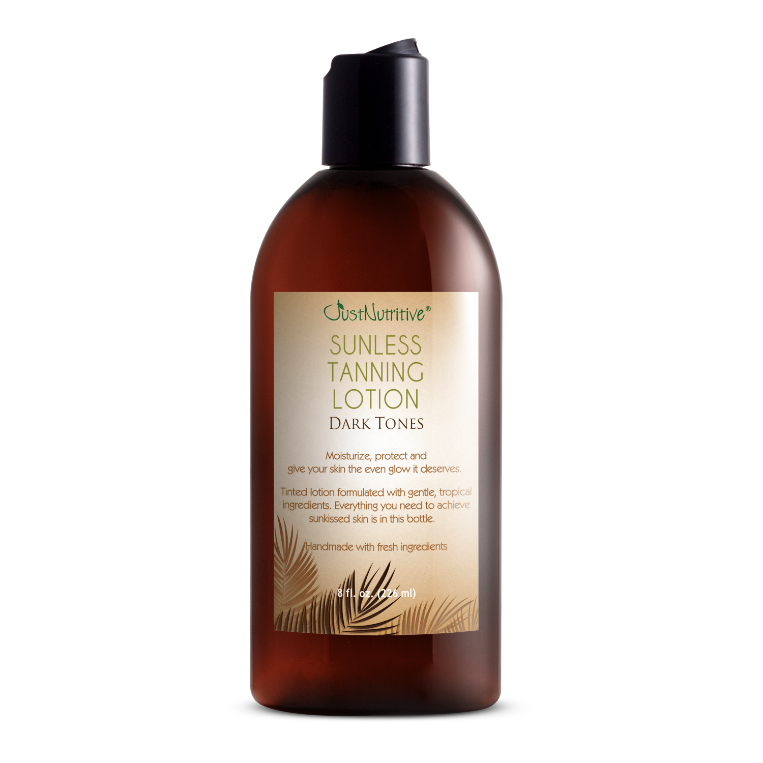 Brown bottle of sunless tanning lotion with a label on a white background