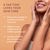 Person with a tan on a brown background with text about skin care product features.