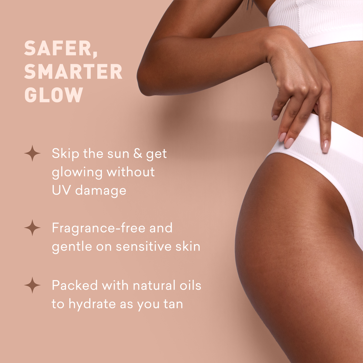 Person wearing a white bikini with text about a safer tanning product on a beige background