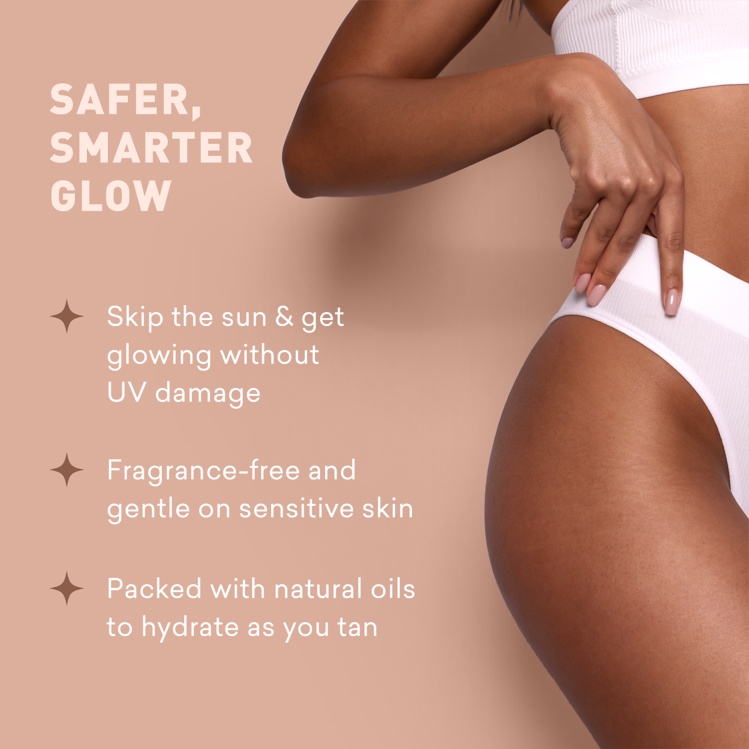 Person wearing a white bikini with text about a safer tanning product on a beige background