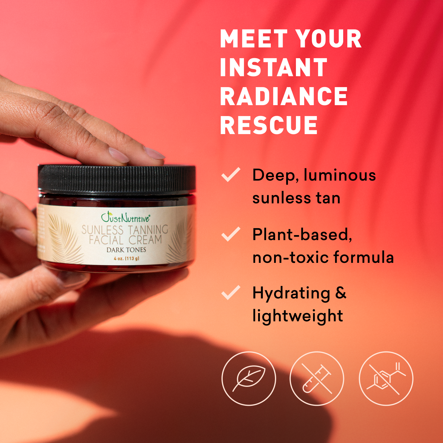 Hand holding a jar of facial cream with product features on a red background