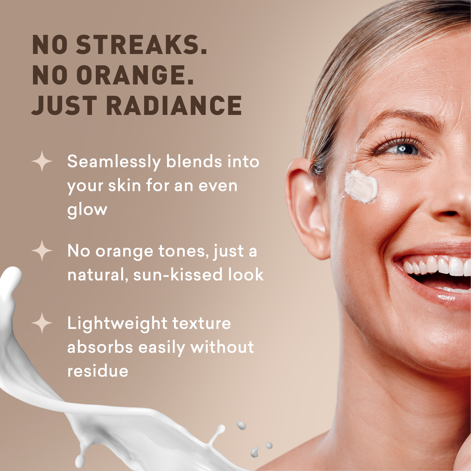 Woman applying cream with text about product benefits on a beige background