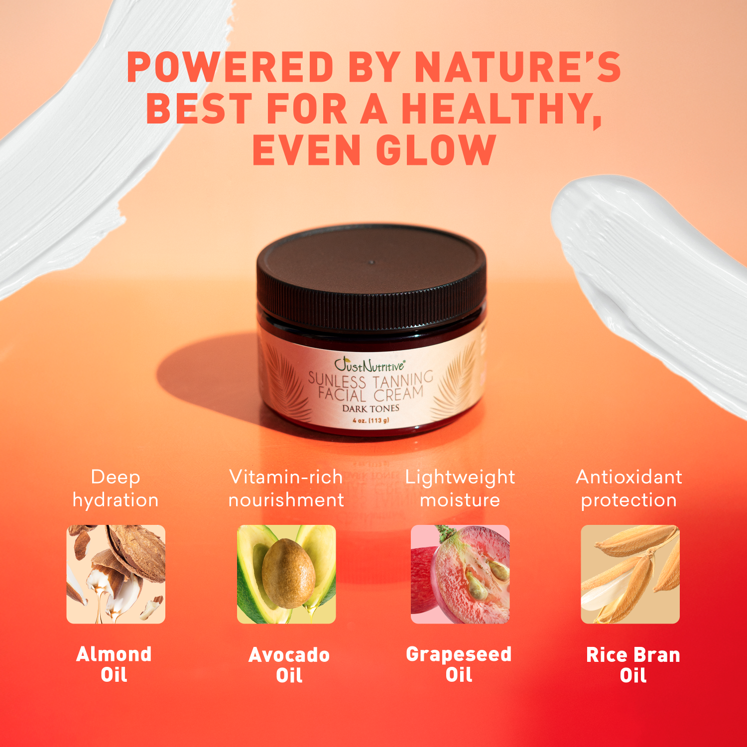 Sunless tanning product with ingredients listed on an orange background