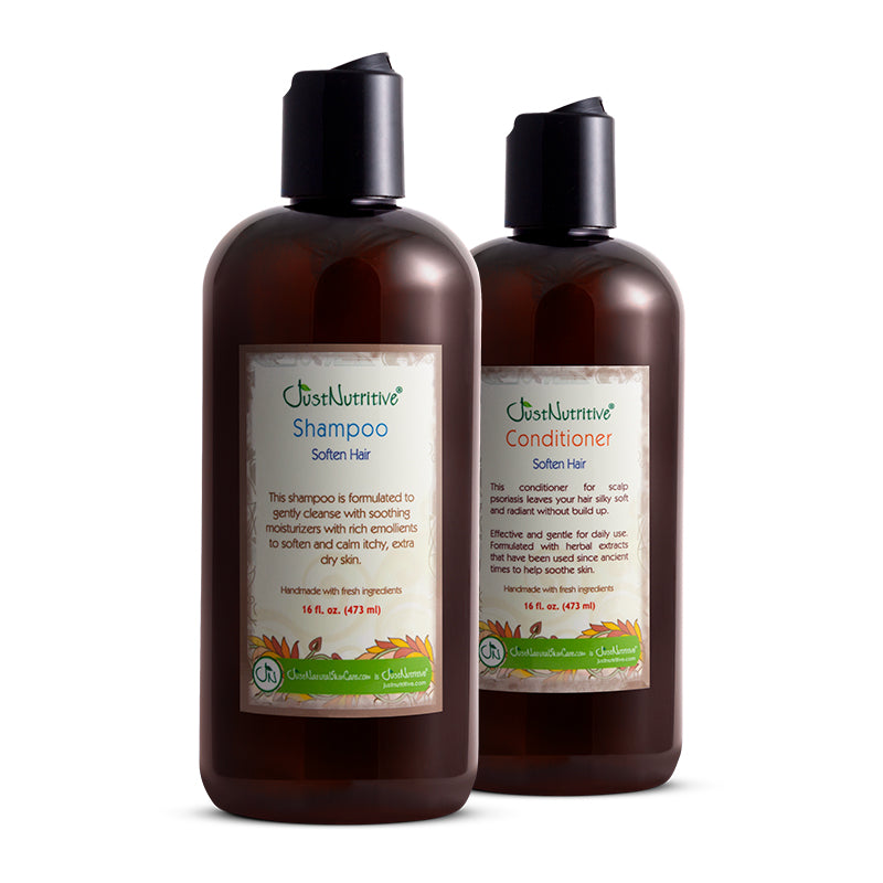Two bottles of Olive & Nurtive shampoo and conditioner on a white background