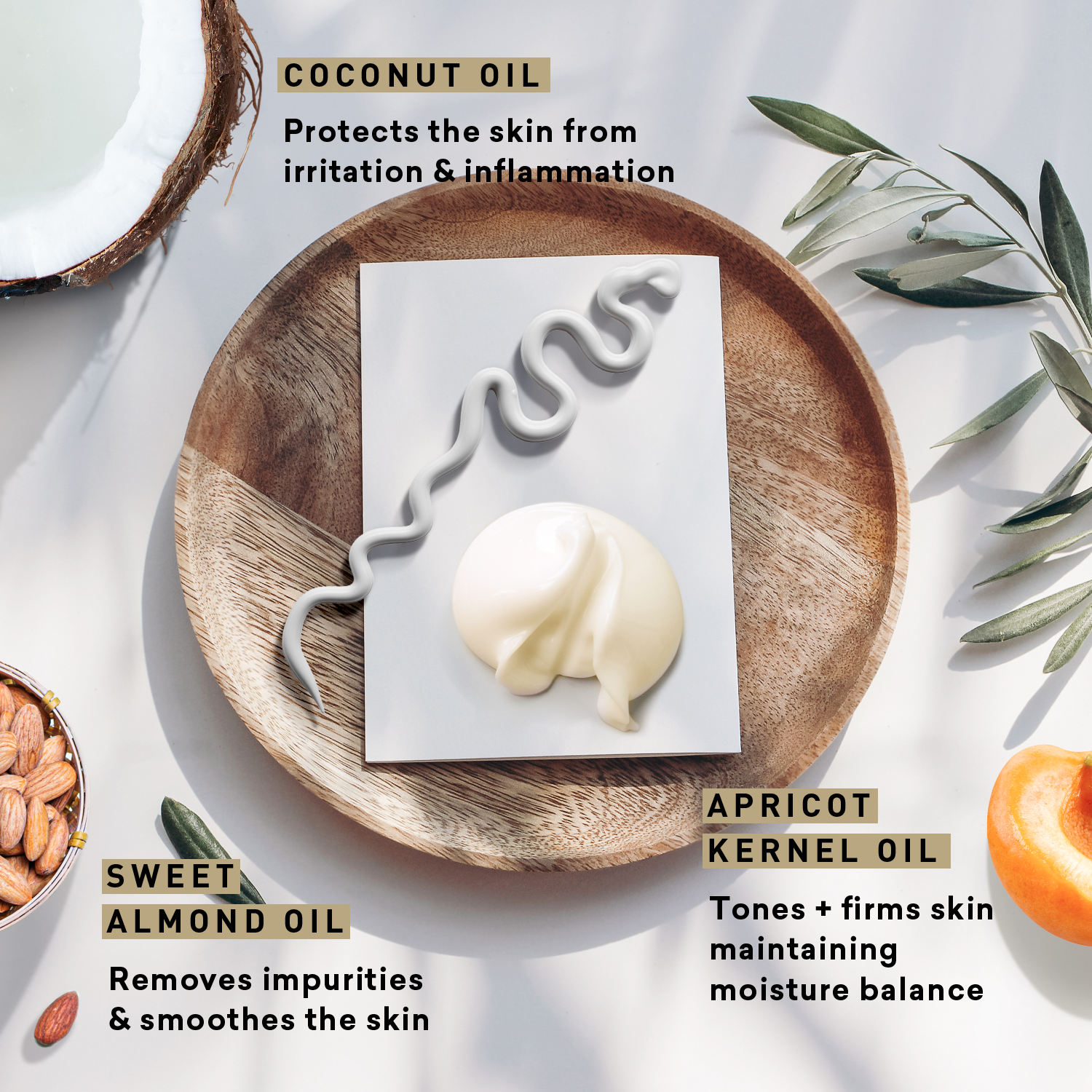 Coconut oil, apricot kernel oil, and sweet almond oil with text on a white background